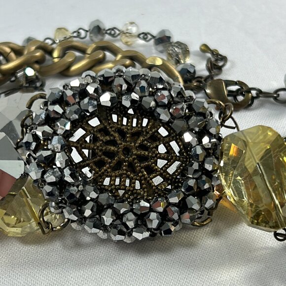 Chunky Beaded Multi Stone Retro Look Two Tier Necklace 14-16" Gold Tone Chain - Picture 8 of 10